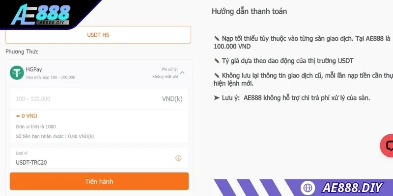 Bet thủ có thể giao dịch bằng tiền điện tử "USDT"