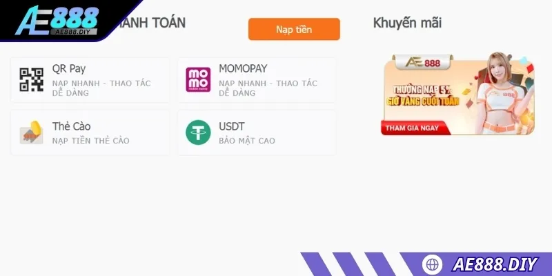 Khi chuyển khoản thành công, bạn hãy quay lại trang nạp tiền AE888