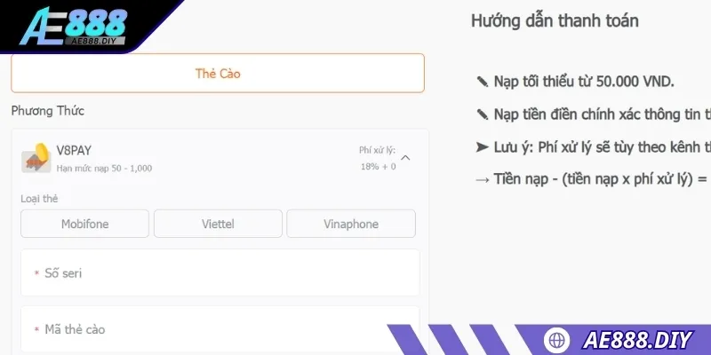 Tại giao diện nạp tiền, bet thủ chọn phương thức "Thẻ Cào"